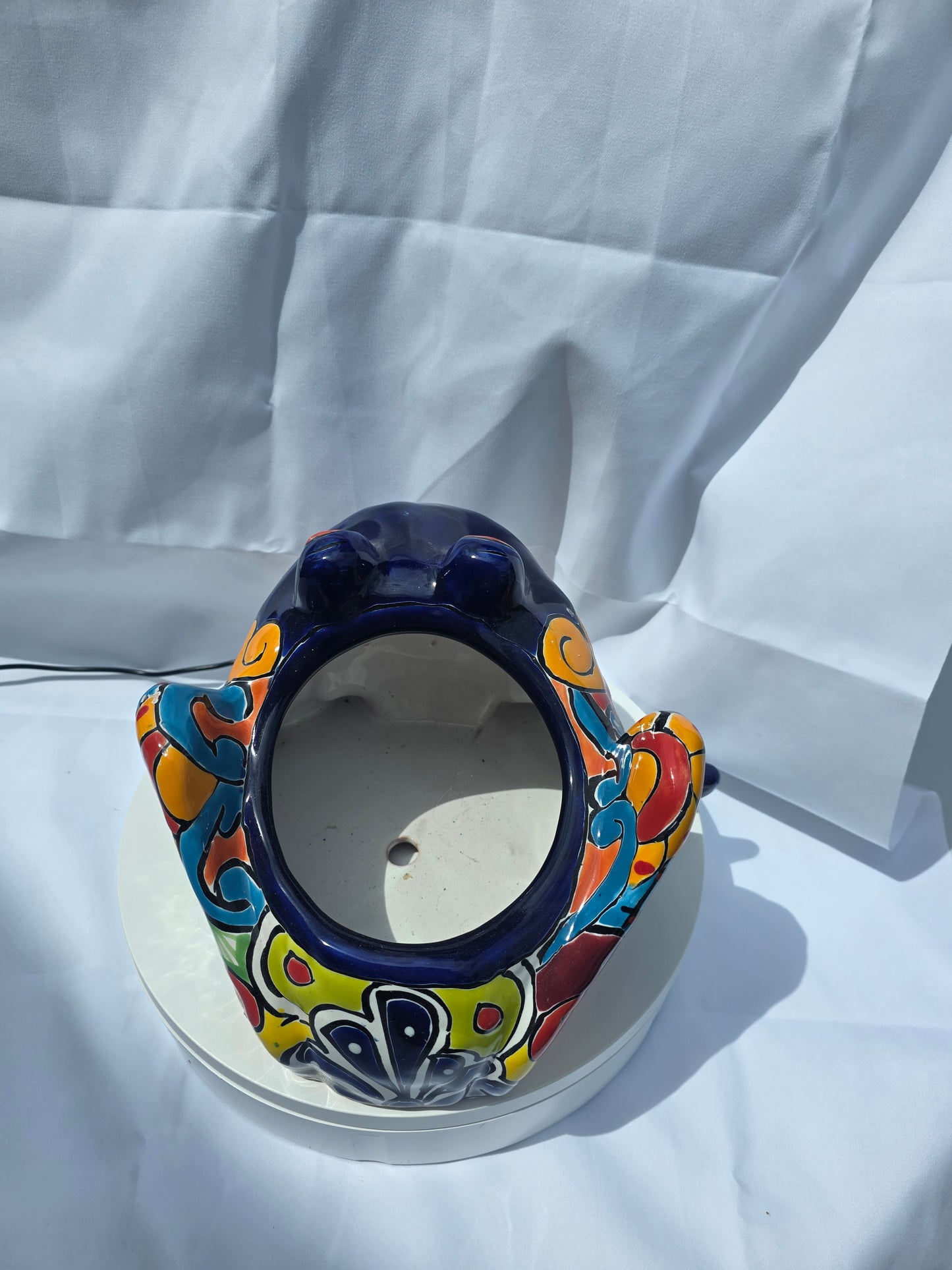 Colorful ceramic frog planter on a white background