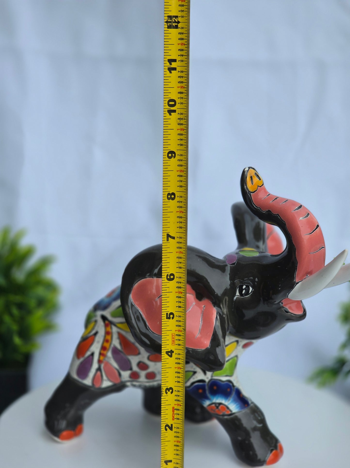 Hand-Painted Ceramic Elephant Figurine - Talavera Style Mexican Folk Art, 9" Trunk Up