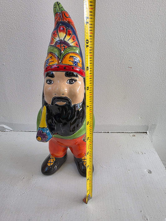 11" Hand‑Painted Talavera Gnome (Black Beard)