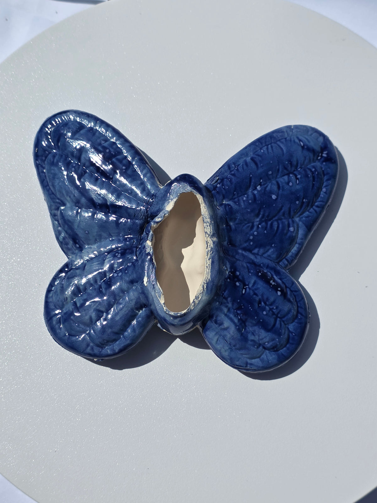 Blue butterfly-shaped object on a light gray background