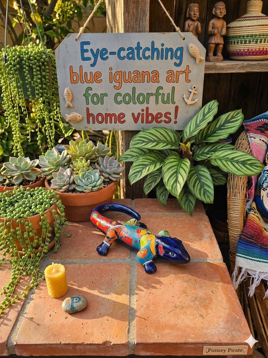 Hand‑Painted 12" Talavera Iguana – Vibrant Multicolor Blue Ceramic