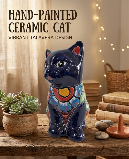 Hand-painted ceramic cat with vibrant Talavera design on a wooden surface.