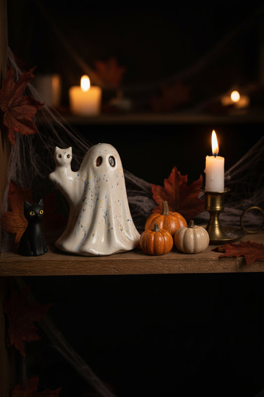 GHOST FIGURINE ON A SHELF WITH A CANDLE AND PUMPKINS