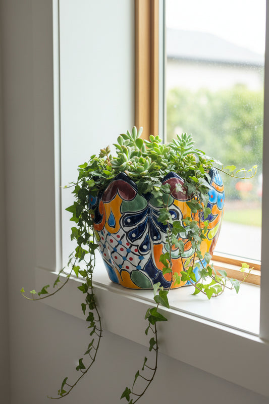 lotus planter on a windowsill with succulent plants