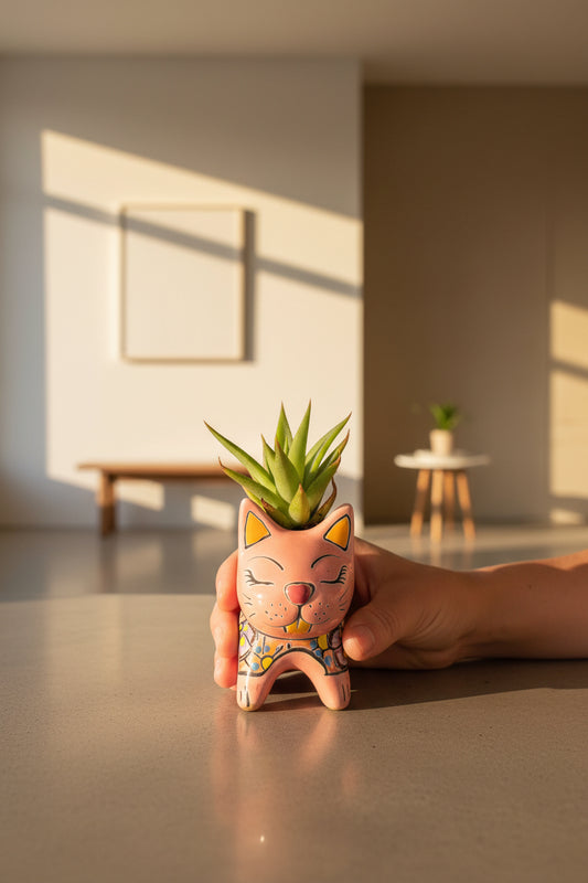 Hand holding a colorful cat-shaped ceramic object on a white surface with a plant in the background