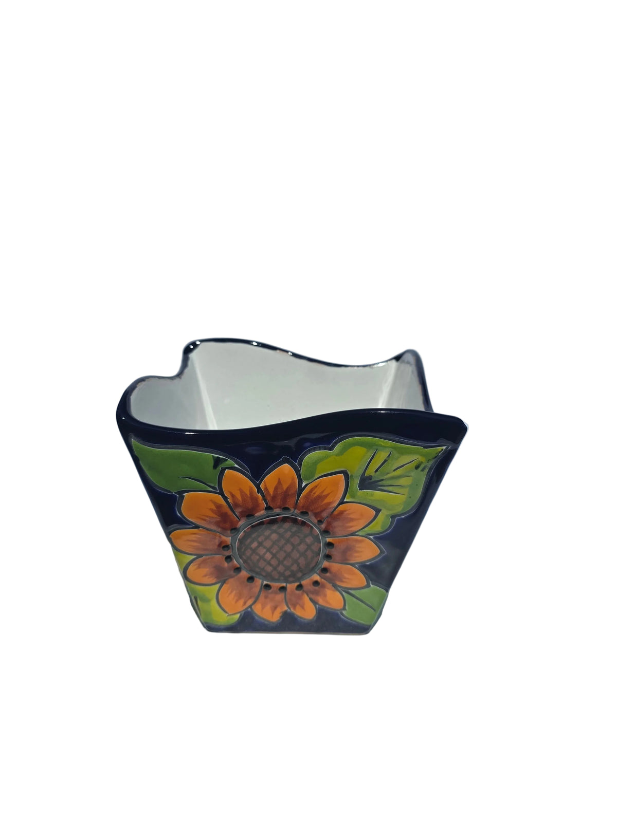 Hand-painted Talavera prism sunflower ceramic pot, 6 inch colorful folk art planter