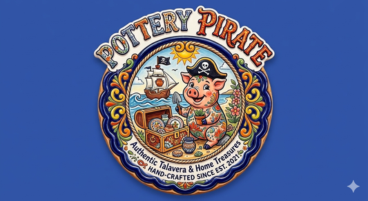 pottery pirate logo includes a ship treasure chest and talavera pig on a beach