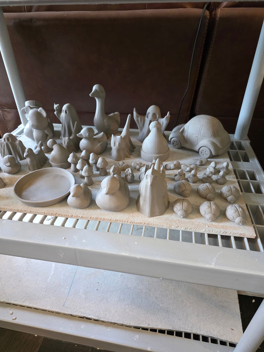 Drying shelf of greenware ceramics