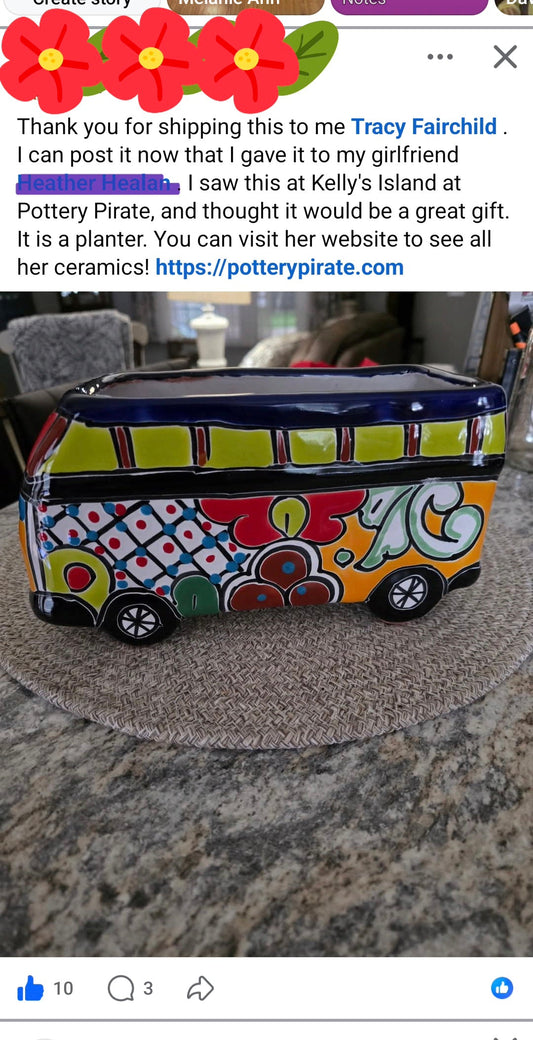 Facebook customer post thanking Pottery Pirate for a ceramic VW bus planter gift, with a photo of its colorful floral design.