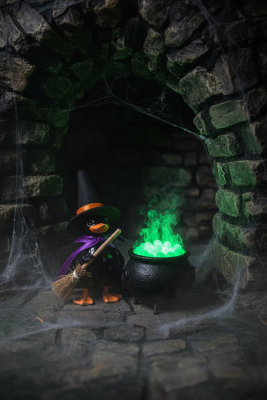 astrid the duck witch stirring her cauldron