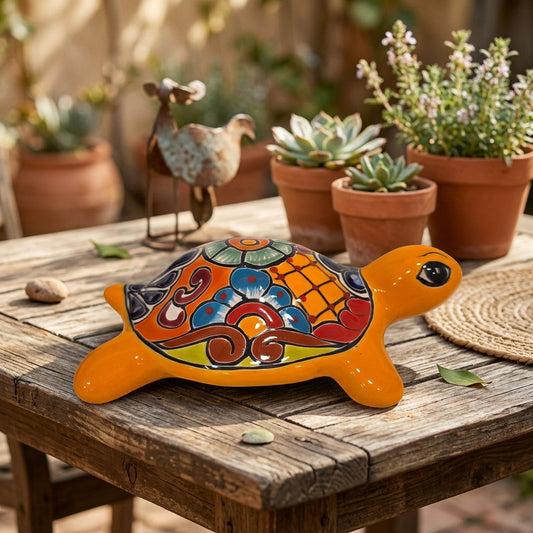 Orange Talavera ceramic turtle with a multicolored floral shell on a wooden table beside potted succulents.