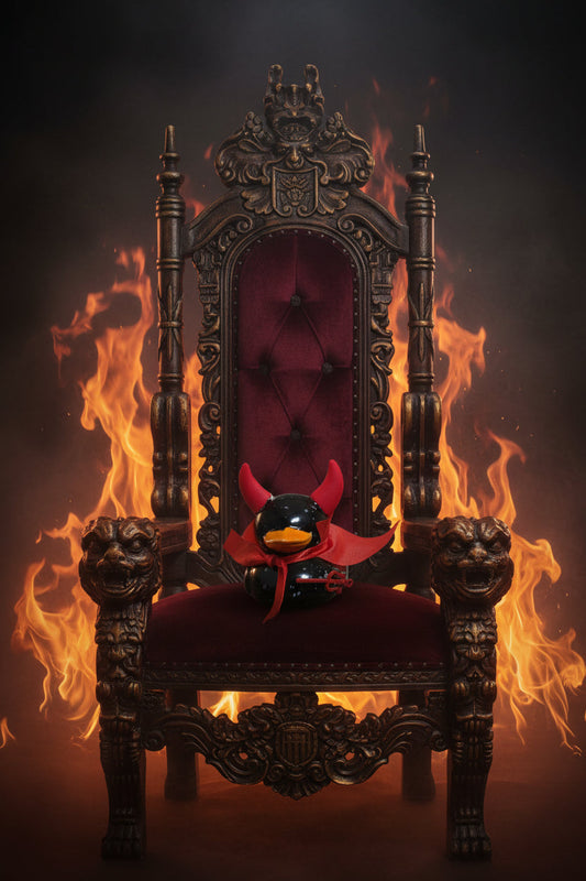 salty lucifer duck in a chair with flames behind him Pottery Pirate desk buddy