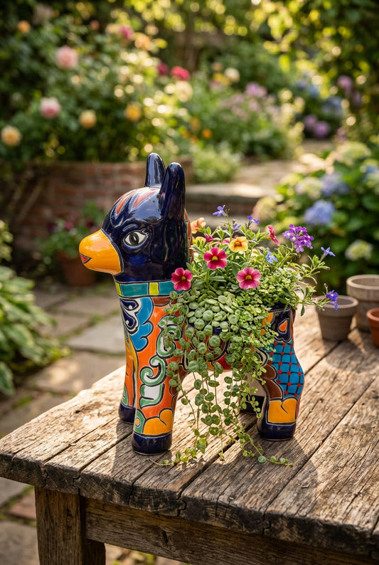 talavera donkey planter on a table in a garden with succulents coming out of the top