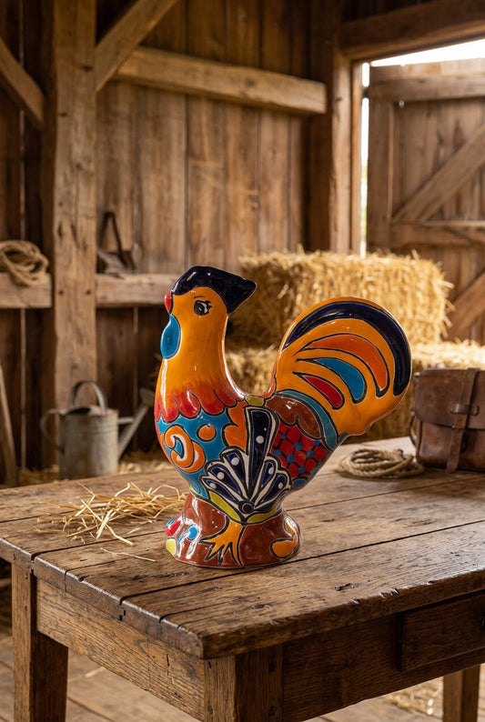 Colorful Talavera ceramic rooster with orange plumage and floral patterns on a wooden table in a rustic barn
