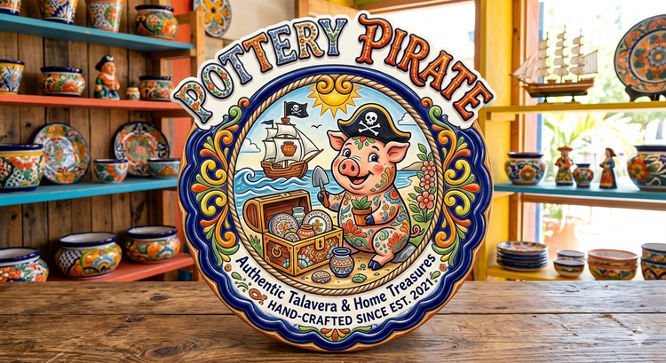 Pottery Pirate logo showing a Talavera-style pig pirate with pottery treasure and ship, text reads ‘Authentic Talavera & Home Treasures.
