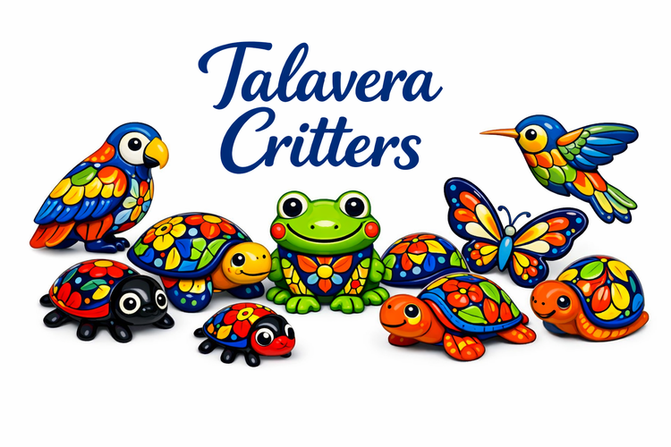    “Colorful Talavera-style critters including ladybugs, butterflies, turtles, frogs, and birds arranged around the words ‘Talavera Critters’ in blue script on a white background.