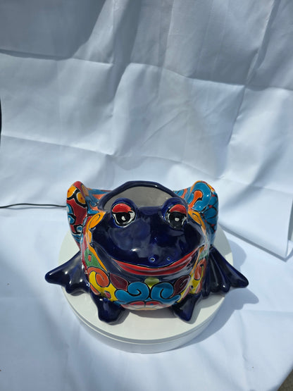 Colorful ceramic frog-shaped object on a white background