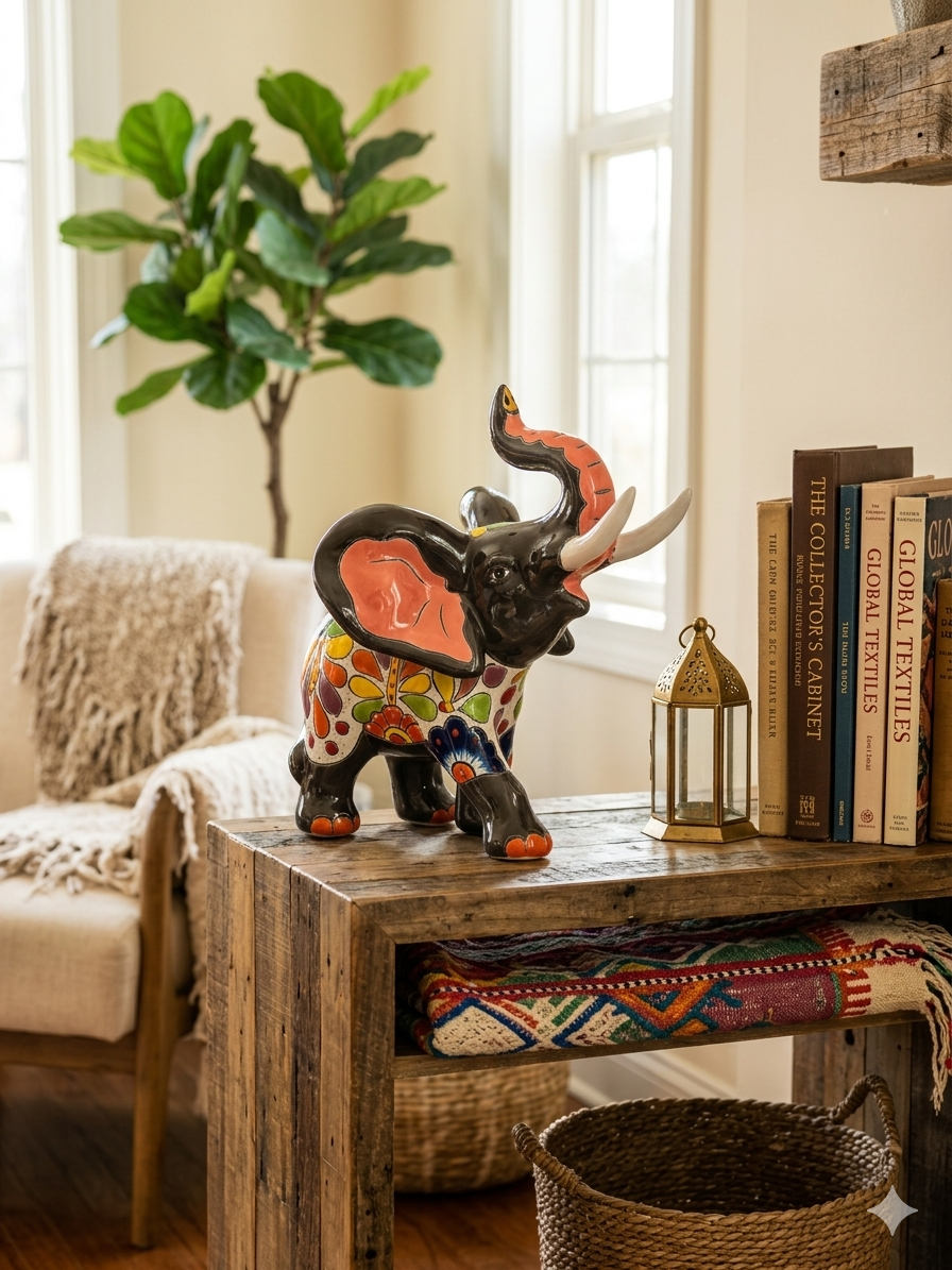 Hand-Painted Ceramic Elephant Figurine - Talavera Style Mexican Folk Art, 9" Trunk Up