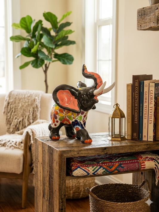 Hand-Painted Ceramic Elephant Figurine - Talavera Style Mexican Folk Art, 9" Trunk Up