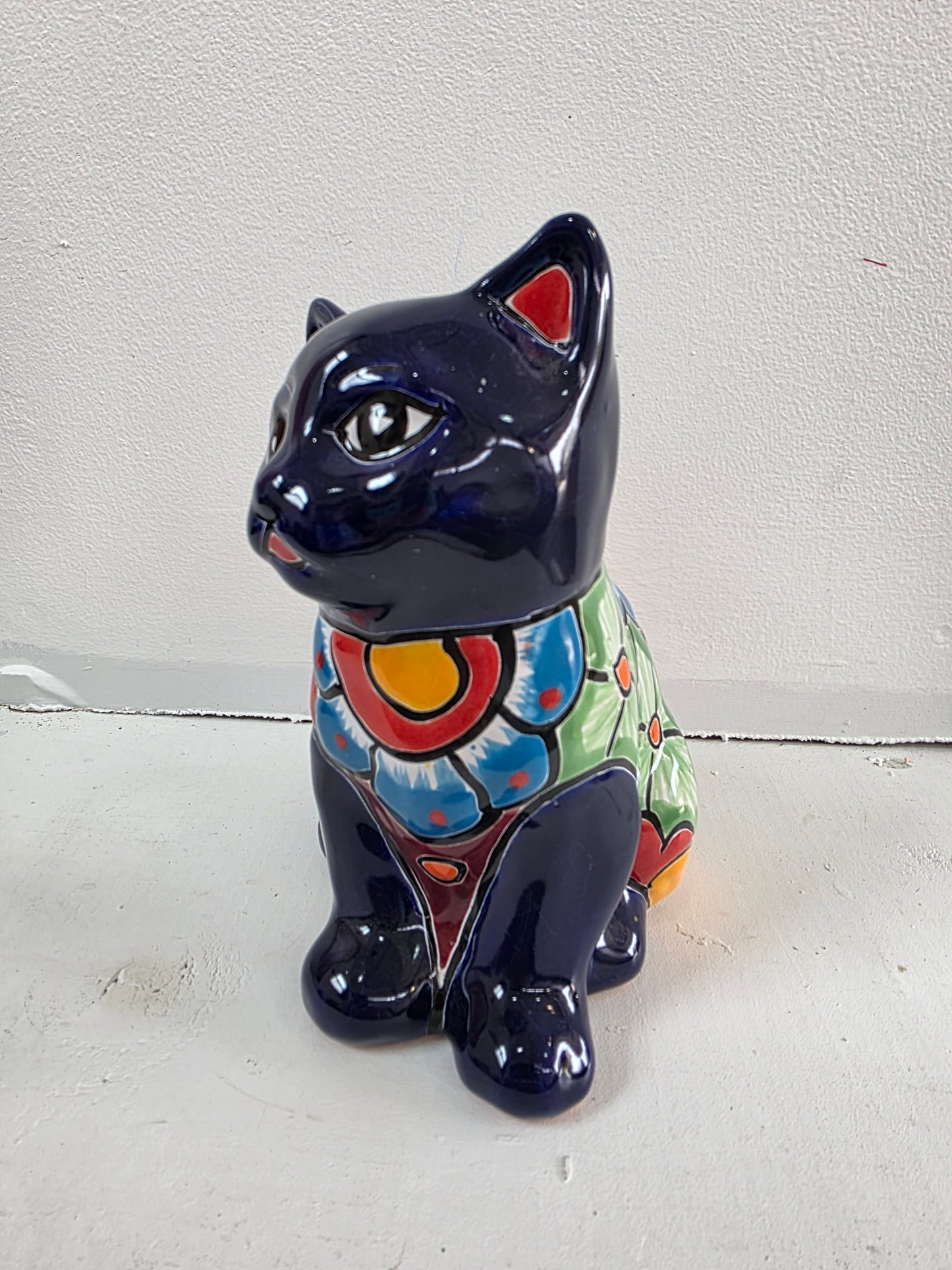 Blue Talavera Cat Statue – 7" Sitting Figurine (One‑of‑a‑Kind)