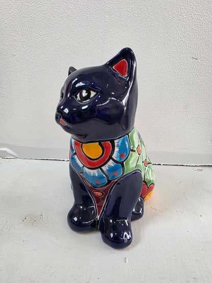 Blue Talavera Cat Statue – 7" Sitting Figurine (One‑of‑a‑Kind)