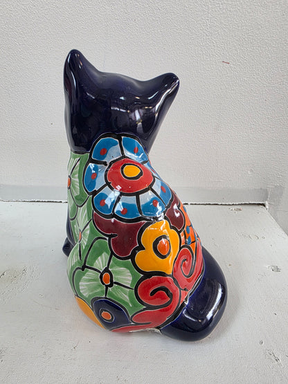 Blue Talavera Cat Statue – 7" Sitting Figurine (One‑of‑a‑Kind)
