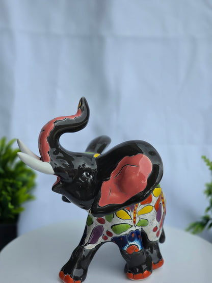 Hand-Painted Ceramic Elephant Figurine - Talavera Style Mexican Folk Art, 9" Trunk Up