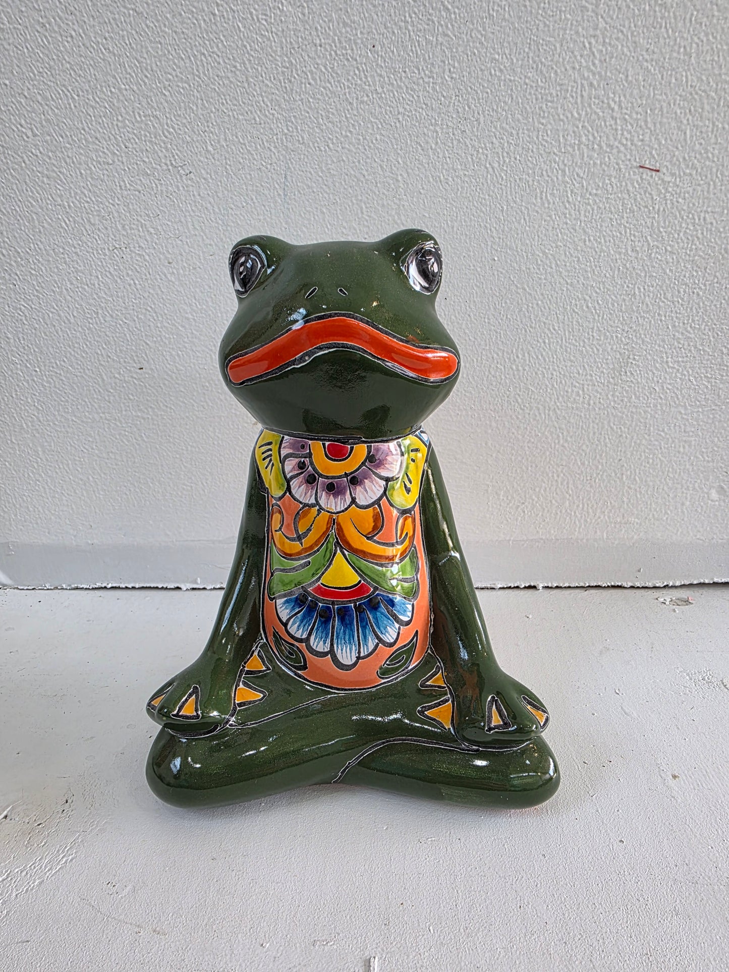 7" Talavera Frog in Lotus Pose – Green Multicolor (One‑of‑a‑Kind)