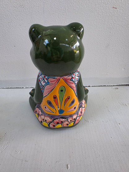 7" Talavera Frog in Lotus Pose – Green Multicolor (One‑of‑a‑Kind)