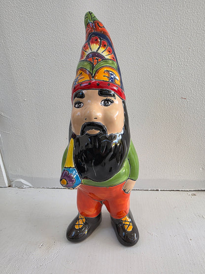 11" Hand‑Painted Talavera Gnome (Black Beard)
