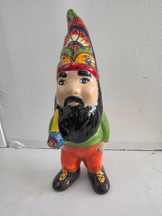 11" Hand‑Painted Talavera Gnome (Black Beard)