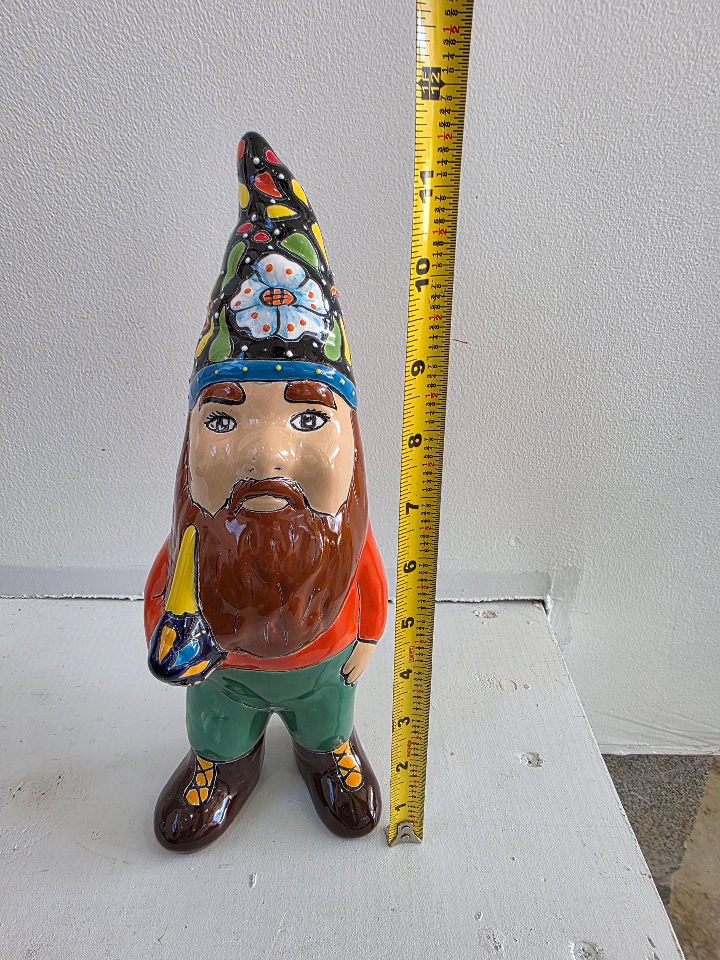 11" Hand‑Painted Talavera Gnome (Brown Beard)