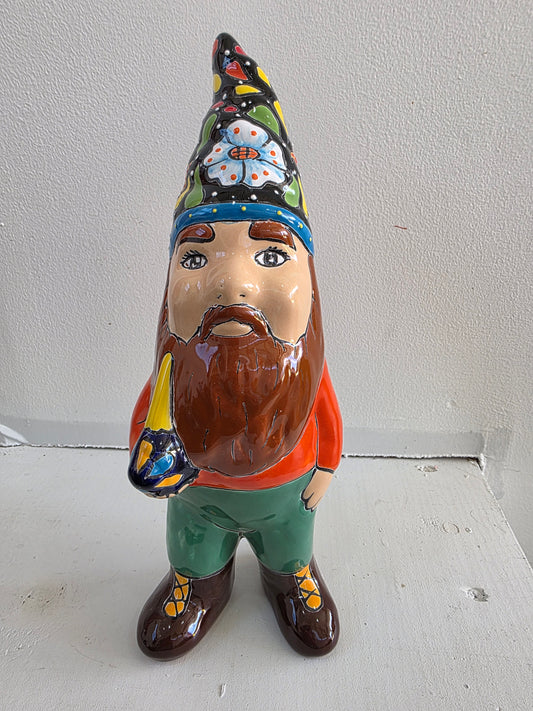11" Hand‑Painted Talavera Gnome (Brown Beard)