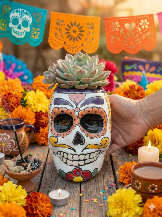 Talavera Sugar Skull Planter - Handmade Mexican Ceramic Vase | Pottery Pirate