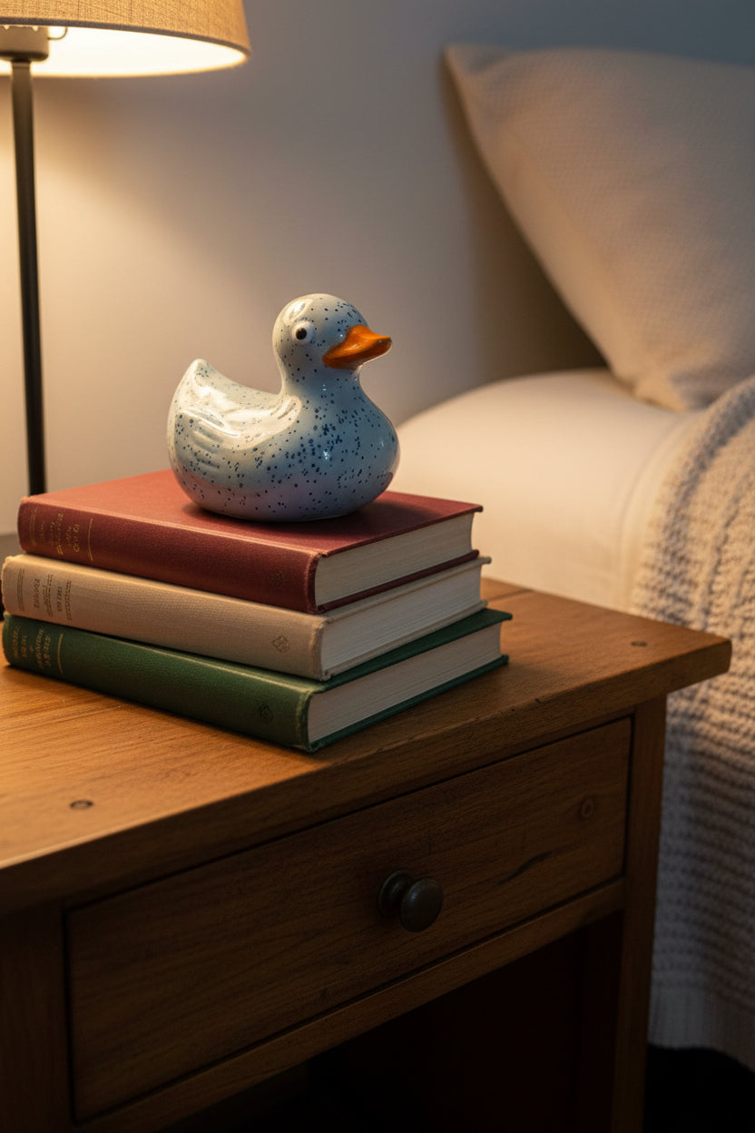A ceramic duck figurine with a speckled light blue and white glaze and an orange beak, sitting on a round wooden slatted surface against a neutral wall.