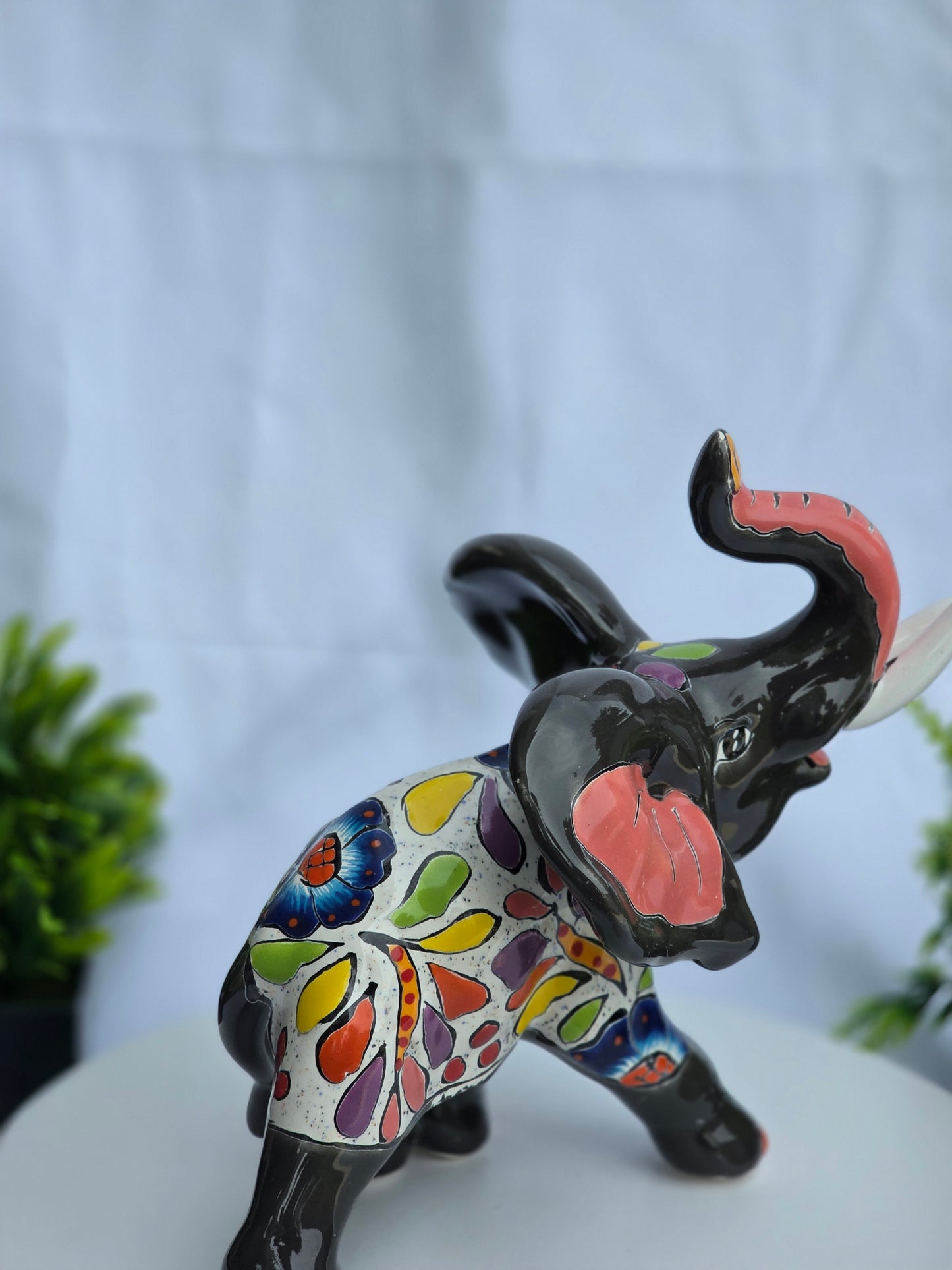 Hand-Painted Ceramic Elephant Figurine - Talavera Style Mexican Folk Art, 9" Trunk Up