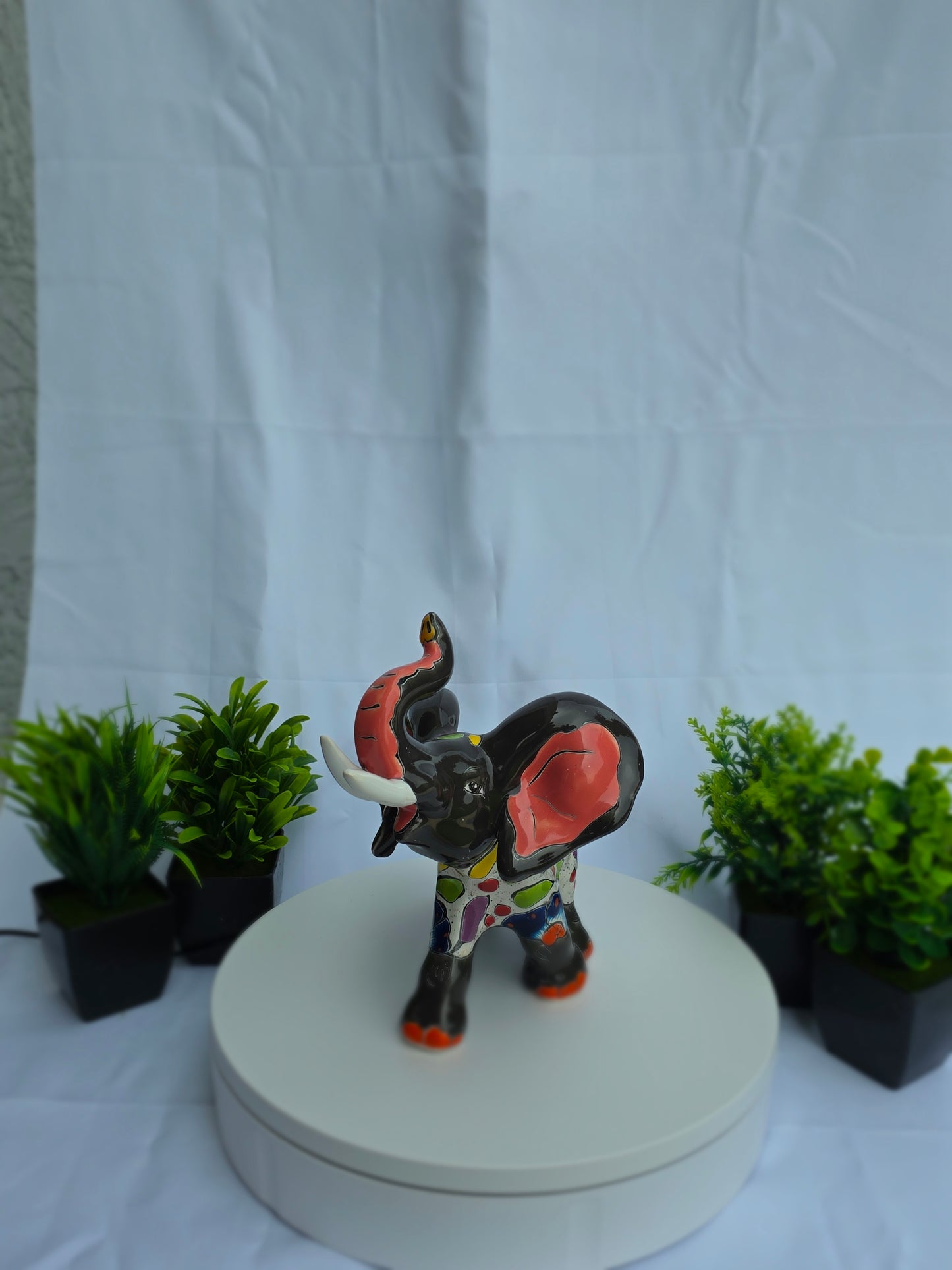 Hand-Painted Ceramic Elephant Figurine - Talavera Style Mexican Folk Art, 9" Trunk Up