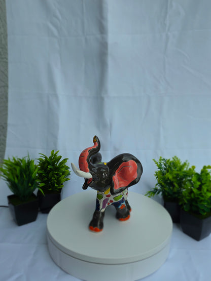 Hand-Painted Ceramic Elephant Figurine - Talavera Style Mexican Folk Art, 9" Trunk Up