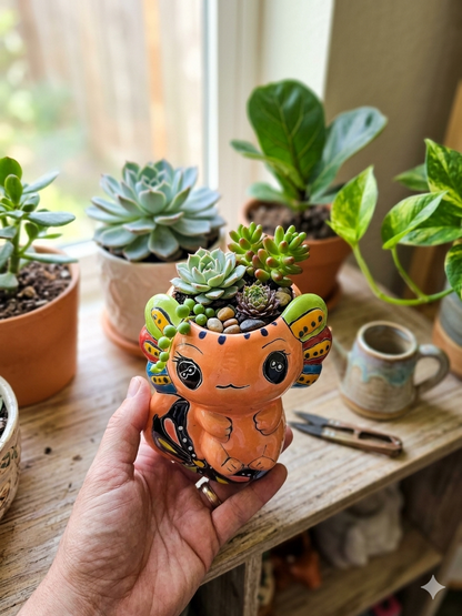 Hand-Painted Ceramic Axolotl Planter - 5" Deep Succulent Pot, Colorful Folk Art Style