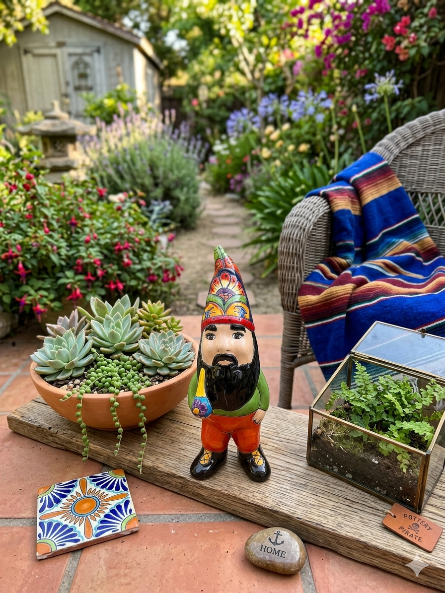 11" Hand‑Painted Talavera Gnome (Black Beard)