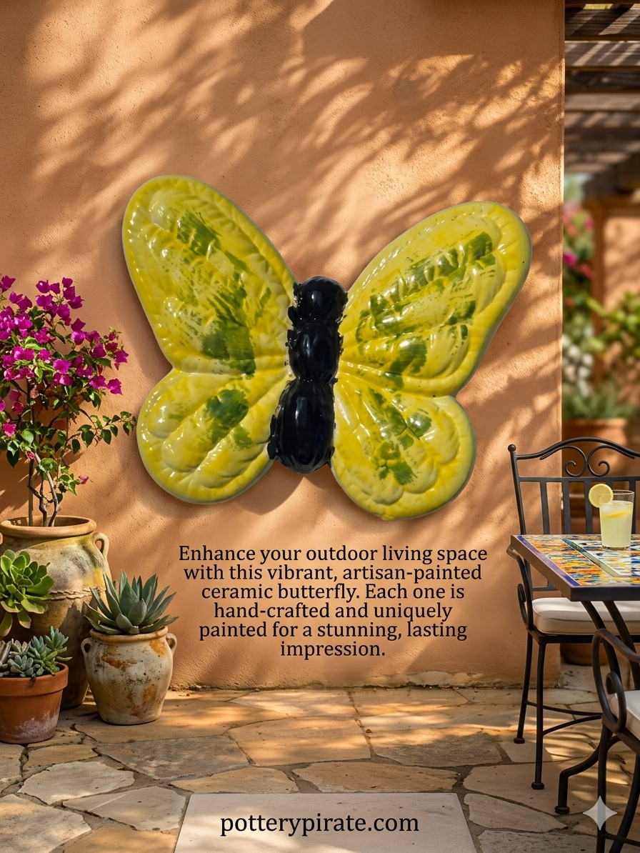 Artisan-painted ceramic butterfly wall decor in a garden setting with text overlay.