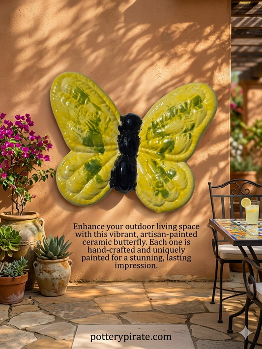 Artisan-painted ceramic butterfly wall decor in a garden setting with text overlay.