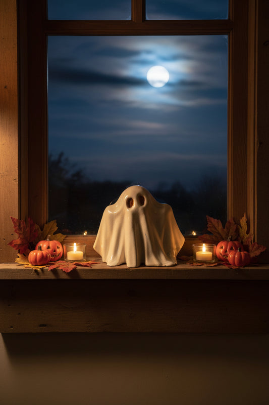 ghost figurine on a windowsill with pumpkins and candles
