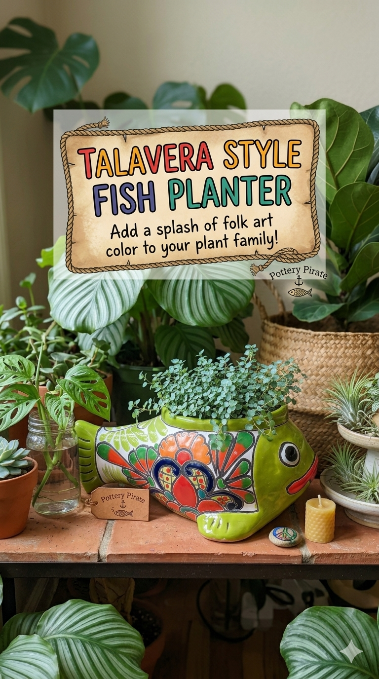 Talavera style fish planter with decorative sign in a plant-themed setting