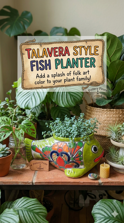 Talavera style fish planter with decorative sign in a plant-themed setting