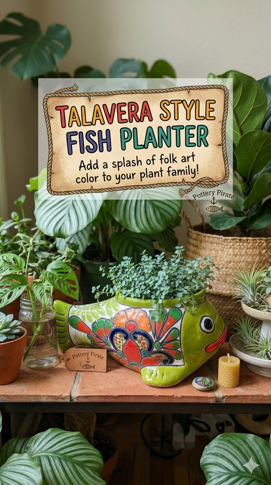 Talavera style fish planter with decorative sign in a plant-themed setting