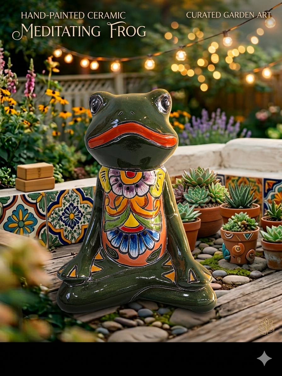 Hand-painted ceramic frog sculpture with floral design in a garden setting