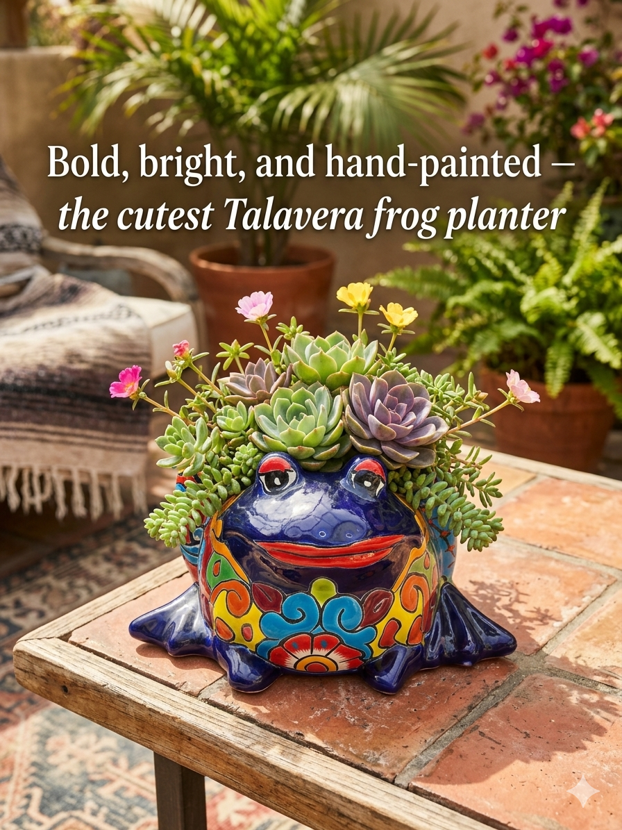 Colorful frog-shaped planter with succulents on a patio table, surrounded by plants.