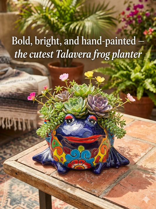 Colorful frog-shaped planter with succulents on a patio table, surrounded by plants.