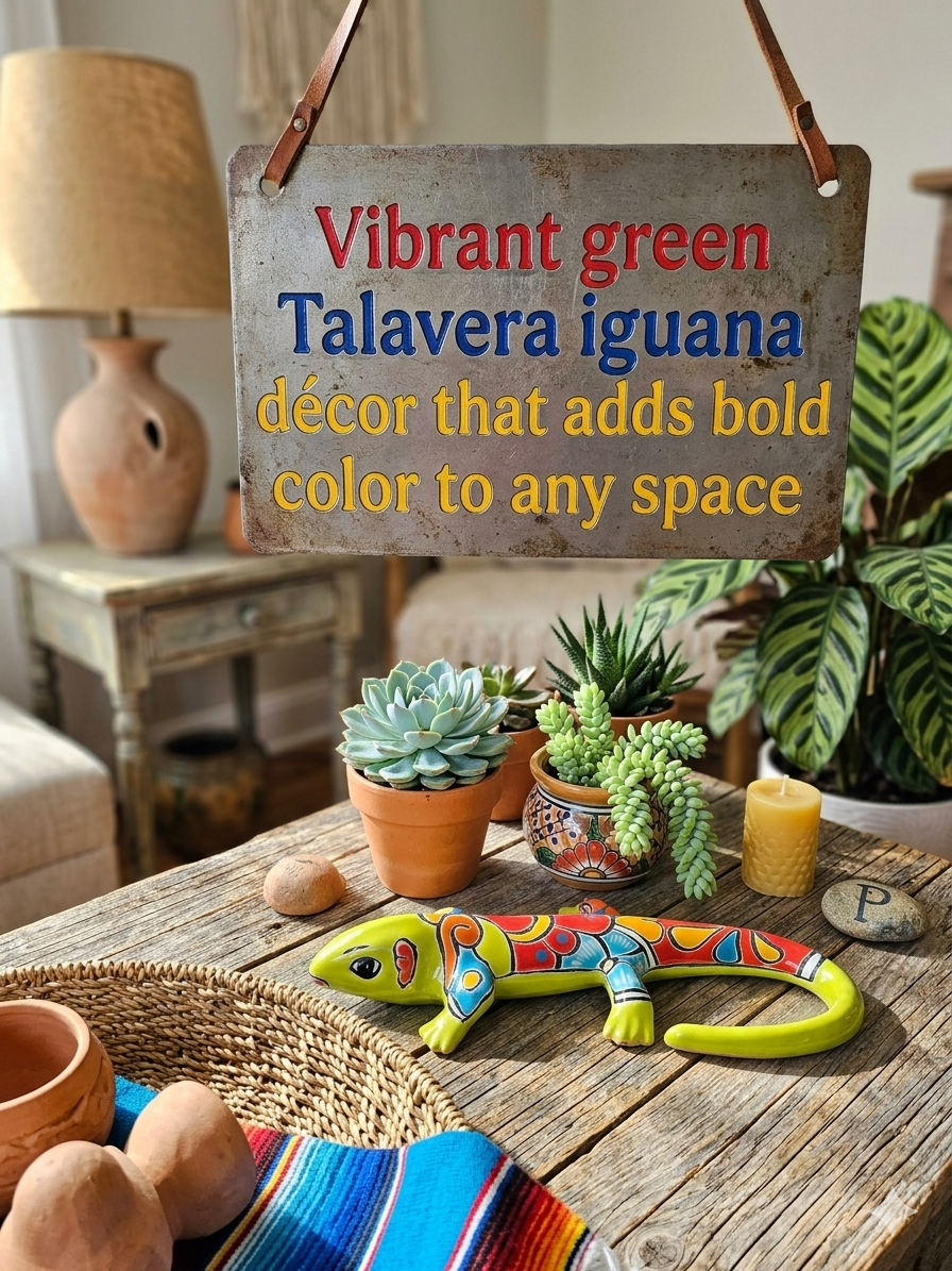 A decorative hanging sign in a styled room scene reads 'Vibrant green Talavera iguana decor that adds bold color to any space.' Below the sign, a colorful painted lizard decor piece sits on a rustic wooden table with small potted plants, a candle, and other home decor props.
